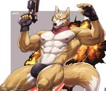 abs action_pose anthro bulge clothed clothing dipstick_tail explosion fingerless_gloves fluffy fluffy_tail fur gloves gun handwear holding_gun holding_object holding_ranged_weapon holding_weapon jockstrap jockstrap_only laser_gun looking_at_viewer male markings mostly_nude muscular muscular_anthro muscular_male pecs pose ranged_weapon scarf scouter solo tail tail_markings tan_body tan_fur text topless topless_anthro topless_male underwear underwear_only weapon amon-sydonai nintendo star_fox fox_mccloud canid canine fox mammal hi_res url