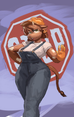 5_fingers anthro armor blue_background broken_horn brown_body brown_fur brown_hair clothed clothing ear_piercing ear_tag facial_piercing female fingers fur gesture gloves green_eyes hair hand_gesture handwear hard_hat headgear helmet horn markings multicolored_body multicolored_fur nose_piercing nose_ring overalls piercing ring_piercing septum_piercing septum_ring short_hair simple_background solo spots spotted_body spotted_fur stop_gesture stop_sign tail two_tone_body two_tone_fur white_body white_fur redustheriotact thea_(sirenheadd96291) bovid bovine cattle mammal 2025 hi_res