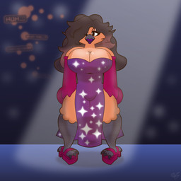 anthro armwear big_breasts breasts clothing dress elbow_gloves eyelashes eyeshadow female footwear fur gloves hair hair_over_eye half-closed_eyes handwear high_heels lipstick long_hair makeup narrowed_eyes non-mammal_breasts purple_clothing purple_dress scuted_legs scutes seductive shoes stage stage_lights text thick_thighs wide_hips juicyberta roberta_puddin_(epsipep) 1:1 absurd_res hi_res