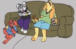 3_toes anthro barefoot carrot controller cookie feet female food fur game_controller gaming grey_body grey_fur group milk paws plant playing_video_game red_body red_fur sleeping toes trio vegetable yellow_body yellow_fur young lazy_ruby jeremy_sleeping_with_turkey_leg_and_milk onyx_raucher ruby_mello_(dynamitegrizzly) topaz_valente belgian_hare domestic_rabbit lagomorph leporid lop_rabbit mammal marsh_rabbit oryctolagus rabbit sibling_(lore) sister_(lore) sisters_(lore)