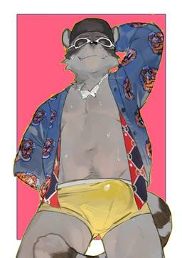 anthro baseball_cap black_body bodily_fluids boxer_briefs bulge clothed clothing embarrassed eyewear front_view hand_behind_back hand_behind_head hat headgear headwear jewelry low-angle_view male navel necklace open_clothing open_shirt open_topwear pink_background shirt simple_background slim solo standing sunglasses sweat topwear underwear yellow_clothing yellow_underwear yuuko891 viktor_(rascaloons) mammal procyonid raccoon hi_res