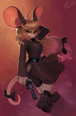 accessory anthro boots bow_ribbon clothing dress female footwear furgonomics gun hair looking_at_viewer ranged_weapon red_eyes ribbons shoes solo tail tail_accessory tail_bow tail_ribbon weapon pajamamcham mammal mouse murid murine rodent absurd_res hi_res