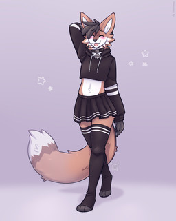 3_toes anthro bell bell_collar black_bottomwear black_clothing black_collar black_eyebrows black_hair black_hoodie black_legwear black_nose black_pawpads black_skirt black_stockings black_topwear blep blush bottomwear brown_markings clothed clothing collar cropped_hoodie crossdressing cute_fangs eyebrows eyes_closed fangs feet fur hair hand_behind_head hoodie legwear male markings orange_body orange_fur pawpads paws pink_tongue pose short_hair shy simple_background skirt smile solo stockings tail teeth toes tongue tongue_out topwear white_body white_fur fleurfurr canid canine fox mammal 4:5 colored digital_drawing_(artwork) digital_media_(artwork) hi_res shaded