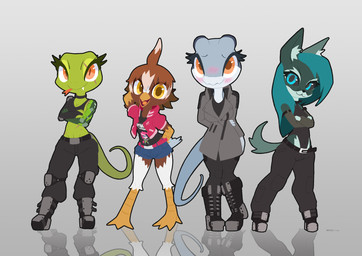 anthro beak biped bottomwear breasts brown_body clothing female green_hair group hair jacket looking_at_viewer pants simple_background smile standing tail topwear yellow_eyes sat_v12 cameo_(sat_v12) silvana_(sat_v12) tantal_(sat_v12) yun_(sat_v12) avian bird canid mammal reptile scalie 2020 digital_media_(artwork) hi_res
