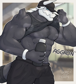 abs after_exercise anthro anthrofied athletic_wear barazoku biceps big_muscles big_pecs black_body blue_eyes bodily_fluids body_hair bottle bottomwear chest_hair claws clothed clothing clothing_lift container deltoids facial_hair forearm_muscles gym gym_bottomwear gym_shorts hat headgear headwear holding_object horn huge_muscles jock male muscular muscular_anthro muscular_arms muscular_male musk pecs pokemorph pubes_exposed scales shirt shirt_lift shorts snout solo spikes spikes_(anatomy) sportswear stubble sweat tail tank_top text topwear wiping_sweat guacandchips nintendo pokemon aggron dinosaur generation_3_pokemon pokemon_(species) prehistoric_species reptile scalie 2025 colored digital_drawing_(artwork) digital_media_(artwork) english_description english_text hi_res