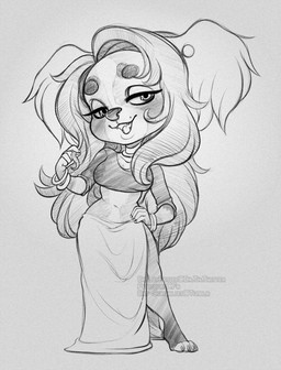 anthro bangle bottomwear bracelet chibi clothing crop_top female jewelry long_skirt open_mouth shirt skirt smile solo standing toeless_legwear topwear petitecat canid canine mammal monochrome