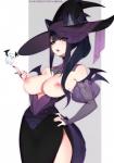 big_breasts black_hair breasts clothing female hair hat headgear headwear long_hair looking_at_viewer nipples solo witch_hat tofuubear reiko_(tofuubear) animal_humanoid canid canid_humanoid canine canine_humanoid humanoid mammal mammal_humanoid wolf_humanoid