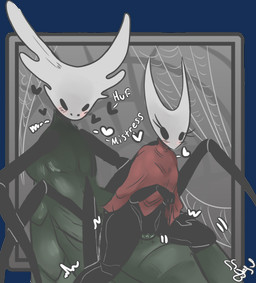 2_horns anthro biped black_body black_eyes blush clothing dialogue duo empty_eyes eyelashes female fingers heart_symbol horn male male/female penetration penile penile_penetration red_clothing text vaginal vaginal_penetration white_heart white_text ssleepyflowers hollow_knight:_silksong hollow_knight_(franchise) team_cherry hornet_(hollow_knight) styx_(hollow_knight:_silksong) arthropod 2025 absurd_res alpha_channel english_text hi_res signature