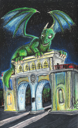 ambiguous_feral ambiguous_gender blue_wings building feral green_body green_scales horn lying macro membrane_(anatomy) membranous_wings night on_front open_mouth outside scales side_view solo wings pandapaco mythology dragon mythological_creature mythological_scalie scalie absurd_res hi_res traditional_media_(artwork)