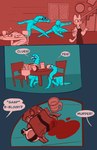 alcohol ambiguous_gender anthro beverage blood bodily_fluids dialogue duo female male sneaking speech_bubble tavern vanilla_candy domestic_cat felid feline felis fish mammal marine squirmle absurd_res comic hi_res restricted_palette