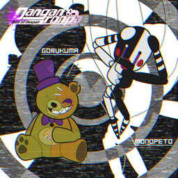 1_eye abstract_background ambiguous_gender anthro barefoot black_background black_body black_eyes black_nose bodily_fluids bow_tie button_(fastener) clothing duo facial_markings feet hand_on_belly hand_on_body hand_on_head hat head_markings headgear headwear lips looking_at_viewer male markings multicolored_body multicolored_eyes notched_ear open_mouth pawpads paws plushie pose puppet purple_eyes raised_arm red_lips rosy_cheeks scared sharp_teeth simple_background simple_eyes sitting smile spread_legs spreading static stitch_(sewing) string tear_(marking) tears teddy_bear teeth text top_hat two_tone_body white_background white_body white_eyes x_eyes yellow_body jmtacda danganronpa five_nights_at_freddy's five_nights_at_freddy's_2 scottgames spike_chunsoft fan_character golden_freddy_(fnaf) gorukuma marionette_(fnaf) monokuma monopeto animate_inanimate bear mammal 1:1 2020 absurd_res crossover english_text hi_res