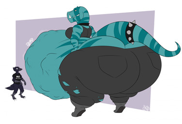 anthro belly big_belly big_butt black_clothing bottom_heavy bracelet butt butt_squish clothing collar duo dxcfv female huge_belly huge_butt hyper hyper_butt jewelry larger_female male male/female plantigrade raised_heel size_difference smaller_male smirking_at_another smug_grin spiked_bracelet spikes squish standing tail thick_thighs torn_clothing vore jangleforks fang_(primal) avian bird corvid corvus_(genus) crow dinosaur oscine passerine prehistoric_species reptile saurischian scalie theropod tyrannosaurid tyrannosauroid tyrannosaurus tyrannosaurus_rex absurd_res hi_res