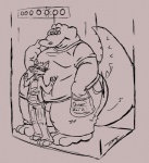 anthro duo elevator male obese overweight pinned squish tail thick_tail kikatsu alligator alligatorid canid canine canis crocodilian mammal reptile scalie wolf 2013 monochrome signature