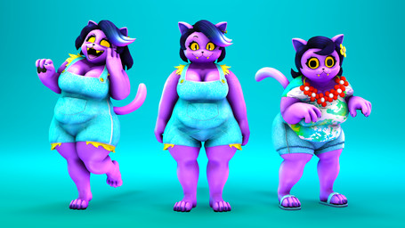 4_fingers 4_toes :3 accessory anthro barefoot big_breasts big_pupils black_hair blue_background blue_clothing blue_footwear blue_hair blue_overalls blue_sandals bottomwear breasts claws cleavage clothed clothing denim denim_bottomwear denim_clothing denim_shorts eyelashes fangs feet female fingers flower flower_in_hair flower_necklace footwear freckled_breasts freckled_chest freckled_legs freckled_shoulders freckled_thighs freckles group hair hair_accessory jewelry laugh long_eyelashes looking_at_viewer multicolored_clothing multicolored_shirt multicolored_topwear necklace open_mouth open_smile overalls overweight overweight_anthro overweight_female paws piercing plant plantigrade pupils purple_body purple_claws sandals shirt shoes shorts simple_background smile square_crossover standing tail teal_background teal_clothing teal_overalls teeth thick_thighs toe_claws toes topwear trio wide_hips yellow_sclera yellow_teeth the-doomguysfm twilightv0ids_(modeler) undertale_(series) catty_cattenheimer domestic_cat felid feline felis mammal 16:9 3d_(artwork) digital_media_(artwork) full-length_portrait hi_res portrait source_filmmaker_(artwork) widescreen