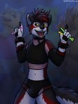 anthro bulge clothed clothing collar detailed_bulge ear_piercing glowstick male nightclub piercing solo weremlems kaanewolf canid canine canis mammal wolf 3:4 absurd_res hi_res