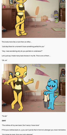 anthro black_text bottomwear bra clothed clothing duo female male nude panties screencap screencap_background skirt tail text underwear mikeythefox cartoon_network microsoft prequel_adventure the_amazing_world_of_gumball the_elder_scrolls tumblr gumball_watterson katia_managan domestic_cat felid feline felis khajiit mammal absurd_res censored comic crossover digital_drawing_(artwork) digital_media_(artwork) english_text flat_colors hi_res long_image mosaic_censorship tall_image