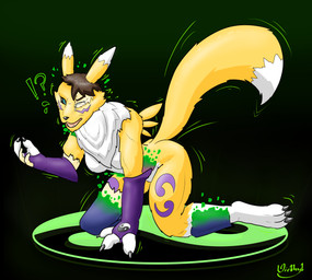 3_fingers anthro armwear black_background black_nose black_sclera blue_eyes bodily_fluids breasts bridal_gauntlets brown_hair claws clothing crying dipstick_tail female fingers fur hair interrobang markings mid_transformation multicolored_tail neck_tuft one_eye_closed open_mouth simple_background solo species_transformation tail tail_markings tears transformation tuft yellow_body yellow_fur diethyl bandai_namco digimon canid digimon_(species) mammal renamon 2020 absurd_res hi_res