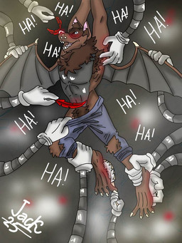 4_toes ankle_grab anthro armpit_hair blue_bottomwear blue_clothing blue_pants blush body_hair bottomwear brown_body brown_fur brown_inner_ear_fluff brush claws clothing feet fur holding_brush holding_feather holding_object inner_ear_fluff laugh leg_grab loose_feather male pants pink_inner_ear pubes red_loose_feather restrained robotic_arm solo tickle_fetish tickle_torture tickling tickling_armpits tickling_belly tickling_feet tickling_machine tickling_nose toe_claws toes torn_bottomwear torn_clothing torn_pants tuft wings aristarchmarliev bat mammal 3:4