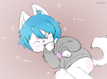 ambiguous_anthro ambiguous_gender anthro blue_hair bottomless clothed clothing daww eyes_closed fur grey_clothing grey_sweater grey_topwear hair kemono lying nya on_side solo sweater sweater_only tail topwear topwear_only white_body white_fur white_tail young young_ambiguous bravobunny domestic_cat felid feline felis mammal