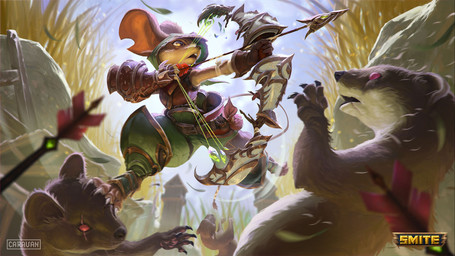 action_pose ambiguous_gender anthro arrow_(weapon) bow_(weapon) brown_body brown_fur claws clothing female fur gloves grass group handwear holding_bow_(weapon) holding_object holding_ranged_weapon holding_weapon hood low-angle_view open_mouth outside plant pose ranged_weapon rock weapon narendra_bintara_adi smite neith_(smite) mammal mustelid musteline true_musteline weasel 16:9 digital_media_(artwork) hi_res official_art widescreen