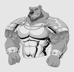 5_fingers anthro armor beard big_muscles bracelet cape clothing facial_hair fingers grin humanoid_hands jewelry male muscular muscular_anthro muscular_male simple_background smile solo polartoons nero_(rubberbuns) bear mammal 2020 absurd_res greyscale half-length_portrait hi_res monochrome portrait