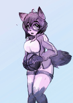 anthro ball basketball_(ball) big_breasts bottomwear breasts clothing female fluffy fluffy_tail jacket open_mouth shorts simple_background solo tail topwear garbagegarage brand_new_animal studio_trigger michiru_kagemori canid canine mammal raccoon_dog tanuki absurd_res hi_res restricted_palette