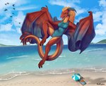 anthro beach beach_umbrella breasts camel_toe claws clothed clothing female flying footprint front_view hair horn membrane_(anatomy) membranous_wings one-piece_swimsuit outside parasol red_body sand scales sea solo swimwear tail water winged_arms wings redraptor16 european_mythology mythology eztli_(user_55) dragon mythological_creature mythological_scalie scalie western_dragon wyvern absurd_res hi_res