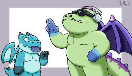 anthro belly big_butt blue_background butt dragon_wings duo electronics eyewear green_body headphones male purple_body simple_background size_difference slightly_chubby sunglasses slavik. clash_royale mythology supercell_(company) baby_dragon_(clash_roayle) dragon mythological_creature mythological_scalie scalie spirit hi_res