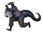 anthro barefoot belly black_body black_skin bottomwear clothed clothing feet frill_(anatomy) frown holding_object looking_back male orange_eyes overweight overweight_male painting_(object) pants running shirt side_view simple_background solo stealing tail topwear white_background cettus mythology fritjof dragon mythological_creature mythological_scalie scalie hi_res