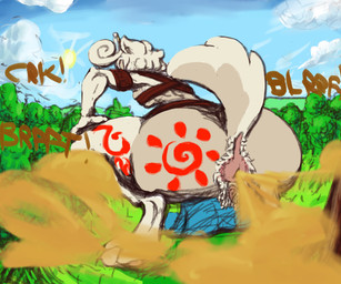 amazonian anthro anus big_butt blue_clothing butt clenched_teeth clothing crouching fart fart_cloud fart_fetish farting_at_viewer female feral fluffy fluffy_tail fur genitals hidden ineffective_clothing landscape leather leather_strap onomatopoeia plant raised_tail shrub solo sound_effects straps tail tan_body tan_fur tattoo teeth text thick_thighs tree vulva toiletrider69 bluey_(series) wendy_(bluey) canid canine canis chow_chow domestic_dog mammal spitz toy_dog 6:5 absurd_res hi_res