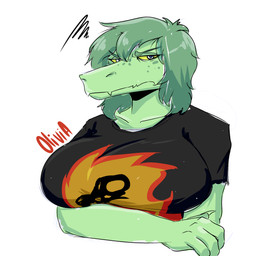 annoyed anthro arm_under_breasts big_breasts biped black_clothing black_shirt black_topwear breasts clothed clothed_anthro clothed_female clothing crossed_arms female fingers freckled_face freckles front_view frown glaring_at_viewer green_body green_hair grey_eyes hair half-closed_eyes humanoid_hands looking_at_viewer markings medium_hair narrowed_eyes non-mammal_breasts shirt simple_background solo spot_freckles spots spotted_markings tear_trough text topwear white_background yellow_sclera sergalsmilchistgut cavemanon_studios i_wani_hug_that_gator olivia_halford baryonyx dinosaur prehistoric_species reptile saurischian scalie spinosaurid theropod 1:1 2024 character_name colored hi_res shaded