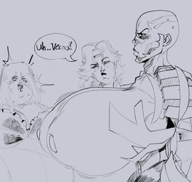areola bald bangs bard belly big_areola big_belly big_breasts big_nipples black_eyebrows black_lips bodily_fluids bouncing_breasts breasts chubby_cheeks circlet cleavage clothed clothed_female clothed_human clothing dialogue double_chin drooling eyebrow_through_hair eyebrows eyelashes eyelashes_through_hair female female_human female_humanoid freckled_face freckles furrowed_eyebrows grey_background grey_clothing grey_lips grey_topwear group hair huge_areola huge_breasts huge_nipples humanoid_pointy_ears lidded_eyes lips long_hair looking_at_another looking_at_breasts morbidly_obese morbidly_obese_female morbidly_obese_human motion_lines name_drop name_in_dialogue nervous nervous_sweat nipples no_pupils not_furry obese obese_female obese_human open_mouth overweight overweight_female overweight_human pointy_ears puffy_areola question_mark saliva simple_background skeptical speech_bubble standing sweat talking_to_another thick_lips topwear translucent translucent_hair trio yeehawt0wn dead_by_daylight dungeons_and_dragons hasbro wizards_of_the_coast aestri_yazar sable_ward vecna_(dead_by_daylight) elf human humanoid lich mammal undead 2026 crossover digital_drawing_(artwork) digital_media_(artwork) hi_res redraw sketch