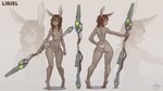 4_toes anthro big_butt breasts brown_hair bubble_butt butt clothing feet female fur green_eyes grey_body grey_fur hair nipples pear-shaped_figure pink_nipples pose rabbit_ears science_fiction skinsuit slim small_breasts solo staff standing_on_toes tight_clothing tiptoes toes torc weapon wide_hips temils liriel_thistlefoot_(pelorix) animal_humanoid humanoid lagomorph lagomorph_humanoid leporid leporid_humanoid mammal mammal_humanoid rabbit 16:9 absurd_res hi_res widescreen