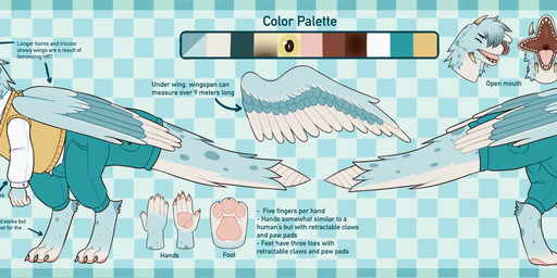 3_toes 5_fingers accessory ambiguous_gender ankle_tuft barefoot biped bipedal_feral blue_body blue_feathers blue_fur bottomwear checkered checkered_background claws clothed clothing collared_shirt color_swatch countershade_fur countershade_neck countershade_tail countershading denim denim_bottomwear denim_clothing digitigrade dress_shirt eyebrows eyes_closed feathered_wings feathers feet feral finger_claws fingerless_(marking) fingerpads fingers front_view fur half-closed_eyes head_tuft horn information jeans leg_tuft lgbt_pride long_neck long_sleeves markings multi_horn multicolored_body multicolored_feathers multicolored_fur narrowed_eyes neck_tuft necktie nonbinary_pride_colors open_mouth pants pattern_background pawpads pink_pawpads pink_tongue pockets pride_colors pronouns rear_view retractable_claws semi-anthro sharp_teeth shirt simple_background smile smug solo spots spotted_body spotted_fur standing sweater sweater_vest tail teal_bottomwear teal_clothing teal_necktie teal_pants teeth text toe_claws toeless_(marking) toes tongue topwear toric_pride_colors transgender_pride_colors tuft uvula vest white_body white_clothing white_feathers white_fur white_shirt white_topwear wings yellow_clothing yellow_eyes yellow_sweater yellow_sweater_vest yellow_topwear yellow_vest nekoisopods electronic_arts maxis_(ea) mythology spore_(game) ezra_(nekoisopods) aegiri alien dragon furred_dragon furred_scalie mythological_creature mythological_scalie scalie 2026 absurd_res artist_name character_name english_text hi_res model_sheet species_name watermark nonbinary_(lore) trans_(lore) trans_woman_(lore)