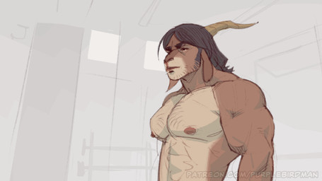 abstract_background anthro body_hair bottomwear bovid_horn camera_flash caprine_horn chest_hair clothed clothing facial_hair flexing flexing_bicep flexing_both_biceps flexing_muscles goat_horn green_bottomwear green_clothing green_shorts group horn male male/male muscular muscular_anthro muscular_male nipples off_screen shirt short_male shorts sideburns slim slim_anthro surprised taking_picture tank_top topless topless_male topwear trio purplebirdman cody_(falcon_mccooper) william_(falcon_mccooper) bovid canid canine canis caprine domestic_dog equid equine goat horse mammal poodle 16:9 2026 animated colored widescreen