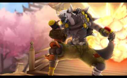 anthro armor black_bars bomb clothed clothing explosion explosives fangs fur grenade grenade_launcher gun hair male outside ranged_weapon solo standing teeth weapon shade_okami blizzard_entertainment overwatch junkrat_(overwatch) hybrid hyena mammal spotted_hyena striped_hyena 2016 hi_res letterbox