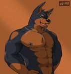 abs anthro biceps black_body black_fur black_nipples brown_background brown_body brown_fur ear_piercing fur green_eyes jewelry male muscular muscular_anthro muscular_male necklace nipple_piercing nipples nude open_mouth pecs piercing simple_background solo teeth seandemon canid canine canis dobermann domestic_dog mammal pinscher hi_res