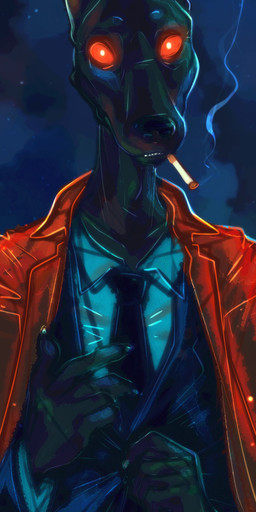 anthro cigarette circle_eyebrows clothing eyebrows glowing glowing_eyes long_neck looking_at_viewer male necktie night orange_sclera pawpads pupils shirt smoking solo star suit topwear white_pupils dimwitdog canid canine canis dobermann domestic_dog mammal pinscher absurd_res hi_res