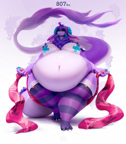 anthro belly belly_overhang big_breasts biped blue_eyes blue_goo blue_horn blue_pawpads blue_tongue bodily_fluids breasts claws color_swatch dipstick_tail female female_anthro fur hair horn imperial_unit long_tail long_tongue markings mostly_nude mostly_nude_anthro mostly_nude_female nipple_tape obese obese_anthro obese_female overweight overweight_anthro overweight_female pasties pawpads purple_body purple_hair saliva sash solo stated_weight striped_thighs tail tail_markings tape text toe_claws tongue walking miluinaoxie mythology uva_(oniifronts) dragon furred_dragon furred_scalie mythological_creature mythological_scalie scalie character_name hi_res