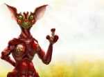 3_fingers backlighting big_ears breasts female fin fingers frill_(anatomy) gesture green_eyes hand_gesture light looking_at_viewer membrane_(anatomy) membranous_frill non-mammal_breasts nude pointing red_body red_scales scales science_fiction solo felixspeagel alien garrnil scalie 4:3 lighting