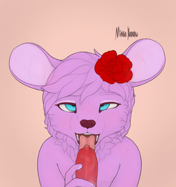 ahegao ambiguous_fluids animal_genitalia animal_penis anthro blue_eyes canine_genitalia canine_penis duo fellatio femboy flower fur genitals hair looking_pleasured male open_mouth oral penile penis pink_body pink_fur pink_hair plant rose_(flower) sex mingo_kodoku alex_ariel mammal mouse murid murine rodent hi_res