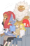 angry anthro blonde_hair blue_eyes breasts controller female furniture game_controller gaming green_eyes group hair male plantigrade playing_video_game red_hair sofa aooni breath_of_the_wild nintendo nintendo_switch the_legend_of_zelda link lord_daruk mipha princess_zelda revali urbosa avian bird gerudo goron humanoid hylian marine rito zora absurd_res hi_res