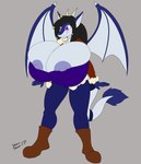 absurd_res anthro big_breasts breast_expansion breasts clothing dragon expansion female footwear grey_background hi_res horn huge_breasts hyper hyper_breasts mythological_creature mythological_scalie mythology nipples non-mammal_breasts non-mammal_nipples scalie simple_background swissy tail vant_talon wings