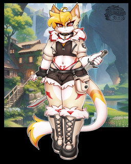 anthro blonde_hair boots bottomwear bulge clothed clothing dipstick_tail femboy footwear fur hair hotpants looking_at_viewer male markings melee_weapon red_eyes serious shoes shorts small_bulge solo sword tail tail_markings tail_tuft text thick_thighs thong_straps tuft underwear weapon tasticstarlight talia_(tasticstarlight) domestic_cat felid feline felis mammal 2025 4:5 artist_name dated digital_media_(artwork) hi_res shaded