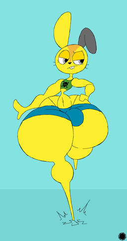 anthro bottom_heavy bottomwear buckteeth bulge clothing countershade_face countershading cracked_ground crop_top curvy_figure emanata eyelashes featureless_feet feet femboy flash_emanata fur half-closed_eyes hand_on_hip huge_hips huge_thighs logo male midriff narrowed_eyes navel shirt shorts skull_and_crossbones small_waist solo teeth text thick_thighs thong_straps topwear walking wasp_waist whiskers wide_hips yellow_body yellow_fur thatdawgmurray bad_habbit_rabbitz hank_(bad_habbit_rabbitz) lagomorph leporid mammal rabbit absurd_res aliasing artist_logo artist_name digital_media_(artwork) hi_res signature