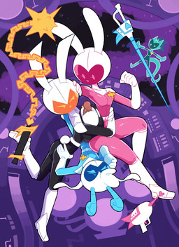 anthro anthro_on_anthro armor big_breasts breast_play breasts butt clothed clothing erection female genitals group group_sex headgear helmet huge_breasts male male/female one_eye_closed penis ranged_weapon raygun sex spacecraft spacesuit threesome titfuck vehicle weapon miscon bovid caprine goat lagomorph leporid mammal rabbit 2025 absurd_res hi_res