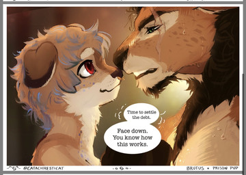 anthro beard bodily_fluids dialogue dominant dominant_male duo facial_hair facial_piercing inner_ear_fluff male male/male nose_piercing ownership piercing prison prison_cell prisoner scar size_difference sweat sweatdrop text tuft catachresticat brutus_(lilryryy) rylie_(lilryryy) canid canine canis deer domestic_dog mammal comic english_text