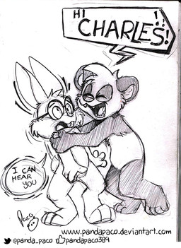 anthro duo eyes_closed eyewear featureless_crotch glasses head_tuft logo male male_anthro nude open_mouth open_smile round_glasses simple_background smile speech_bubble standing text tuft young young_anthro young_male pandapaco parinton bear giant_panda lagomorph leporid mammal rabbit artist_logo english_text monochrome signature sketch url
