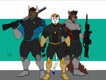 anthro bulge clothing group gun male male/male muscular ranged_weapon smile suit trio weapon hunterramirez star_trek feran_blackridge xi_silverwind bovid bovine canid canine canis cattle domestic_cat felid feline felis fox mammal pantherine tiger wolf