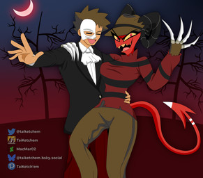 bottomwear brown_bottomwear brown_clothing brown_pants claw_(weapon) clawed_gloves clothing cosplay costume crescent_moon crossover_ship curved_horn duo female gym_leader hair hand_on_another's_waist hand_on_shoulder hat headgear headwear holidays horn horns_through_hat male male_human mask melee_weapon moon night outside pants red_clothing red_moon red_shirt red_topwear shirt small_waist smile spade_tail spiky_hair tail topwear weapon wide_hips taiketchem halloween hellaverse helluva_boss nightmare_on_elm_street nintendo phantom_of_the_opera pokemon barbie_wire brock_(pokemon) erik_(the_phantom_of_the_opera) freddy_krueger demon horned_humanoid human humanoid imp mammal tailed_humanoid 2025 absurd_res crossover hi_res